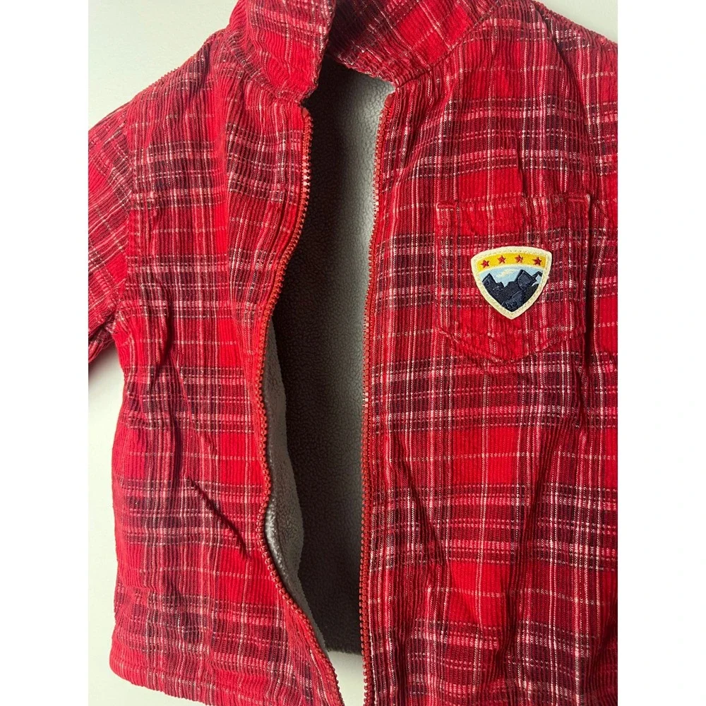 Vtg Y2K Faded Glory Corduroy Jacket Baby 6/9M Red Plaid Fleece Lined Zip Up